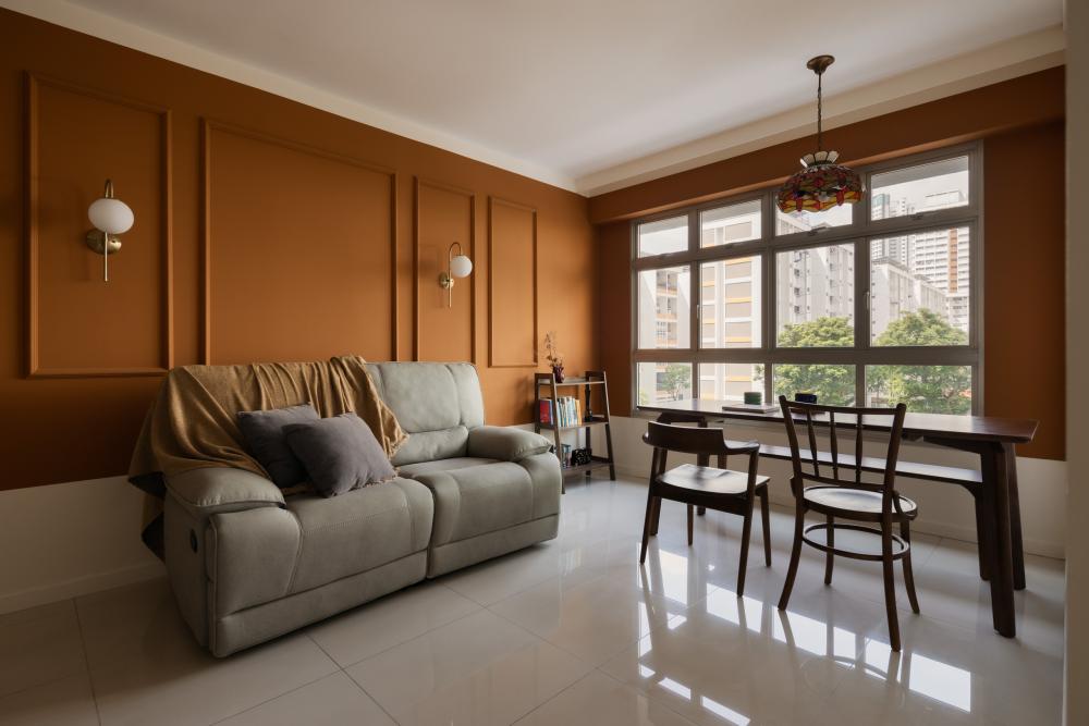 Eclectic Living Room with Bookshelf and Feature Wall