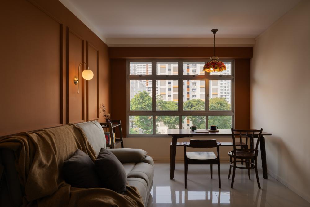 Eclectic Living Room with Drop Light and Dining Table