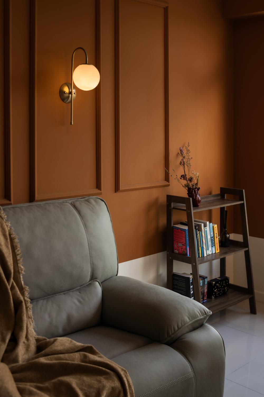 Eclectic Living Room with Bookshelf and Feature Wall