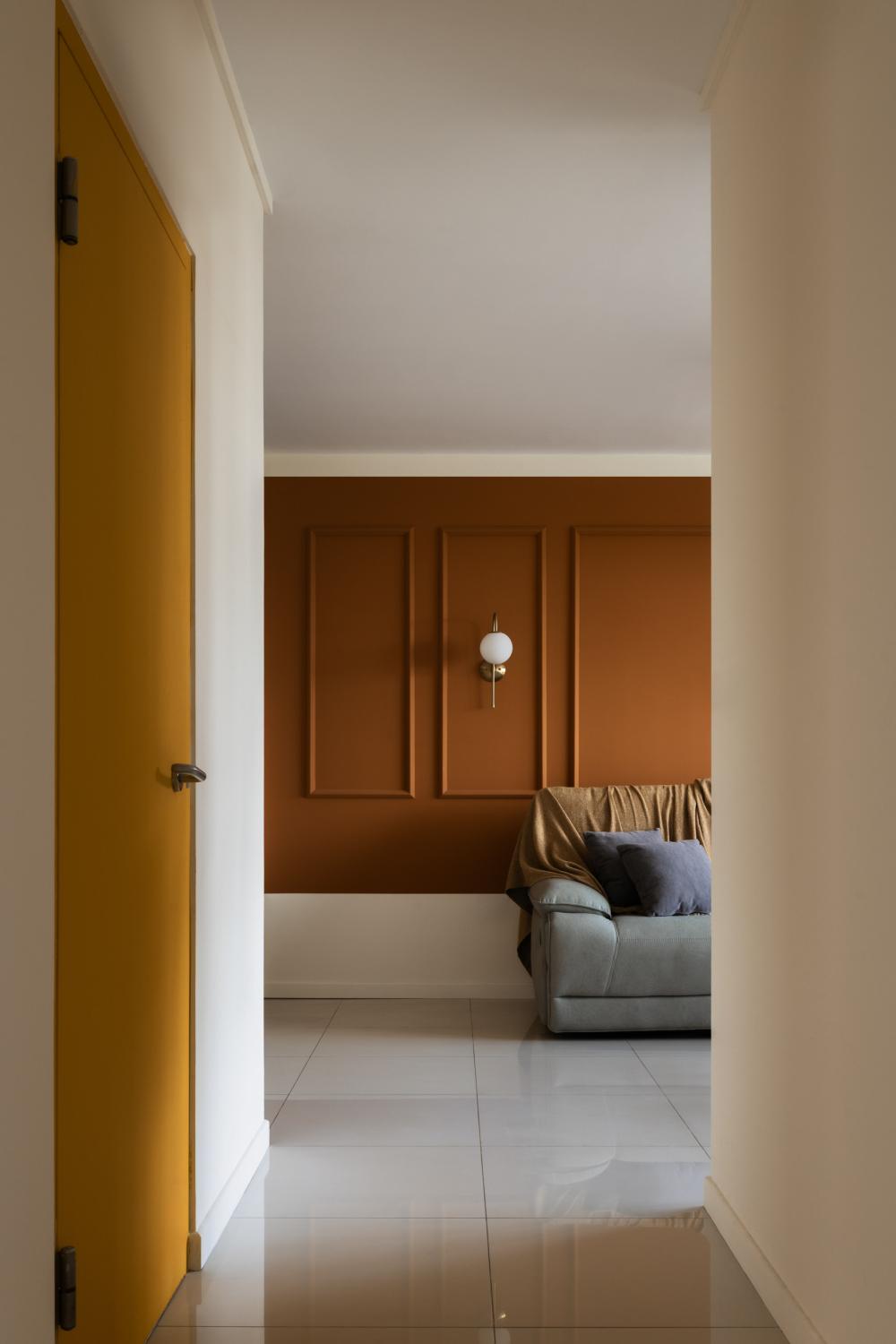 Eclectic Hallway with Homogeneous Tiles and Feature Wall