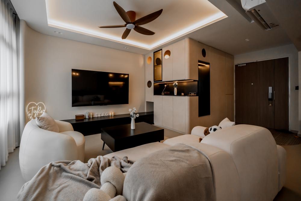Contemporary Living Room with TV Console and Cove Lighting