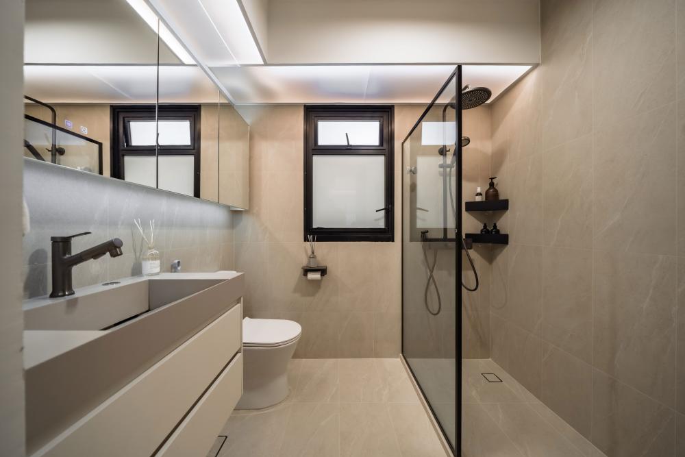 Modern Bathroom with Cement Floor and Mirror