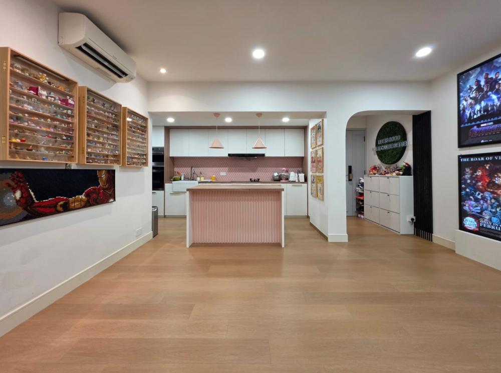 Scandinavian Living Room with Vinyl Flooring and Open Kitchen