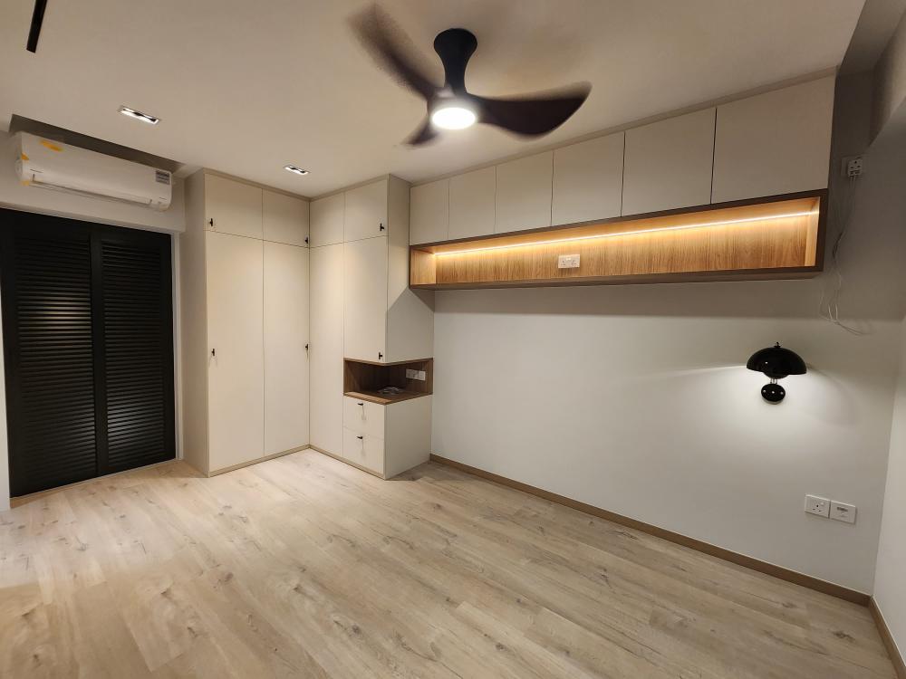 Scandinavian Bedroom with Bookshelf and Vinyl Flooring