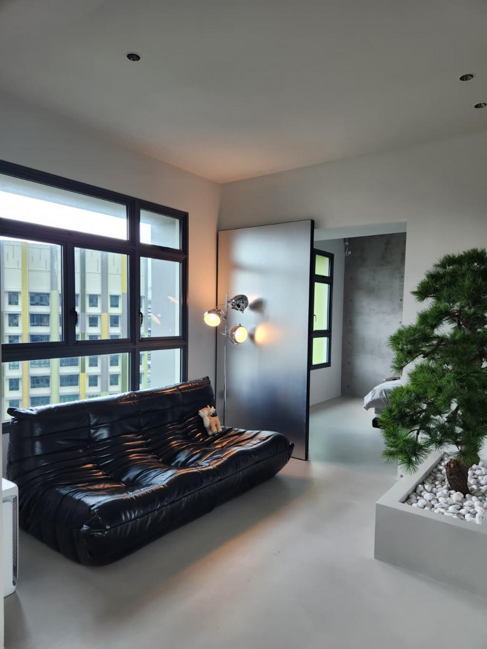 Industrial Living Room with Homogeneous Tiles and Drop Ceiling