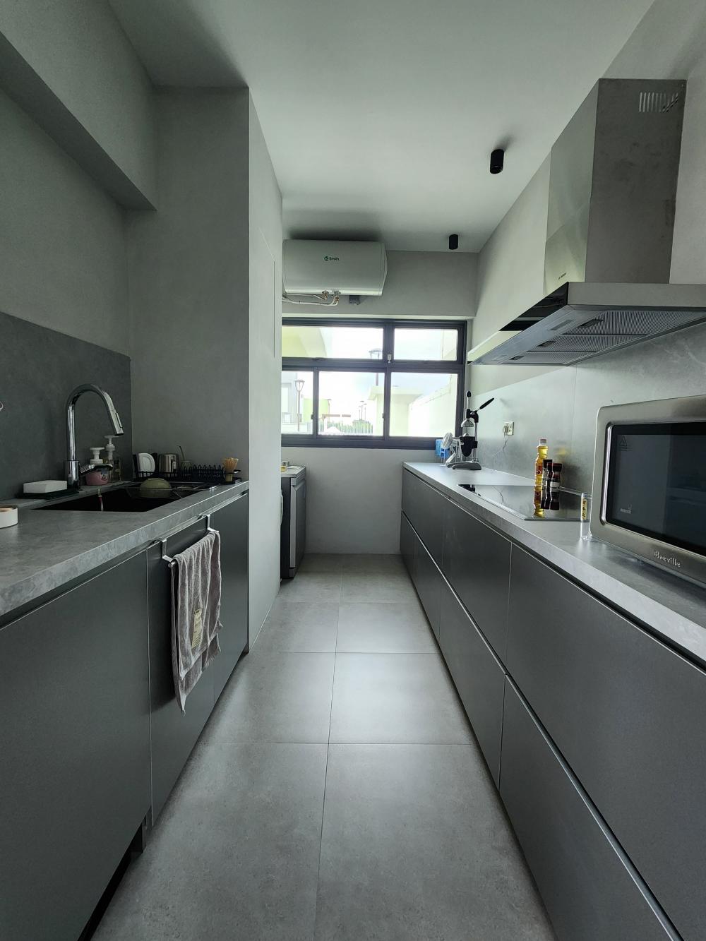 Industrial Kitchen with Homogeneous Tiles and Kitchen Window