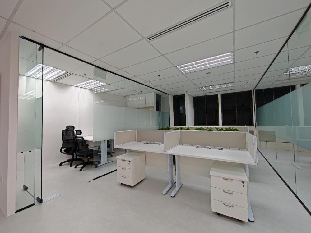 Contemporary Office with Vinyl Flooring and Glass Door