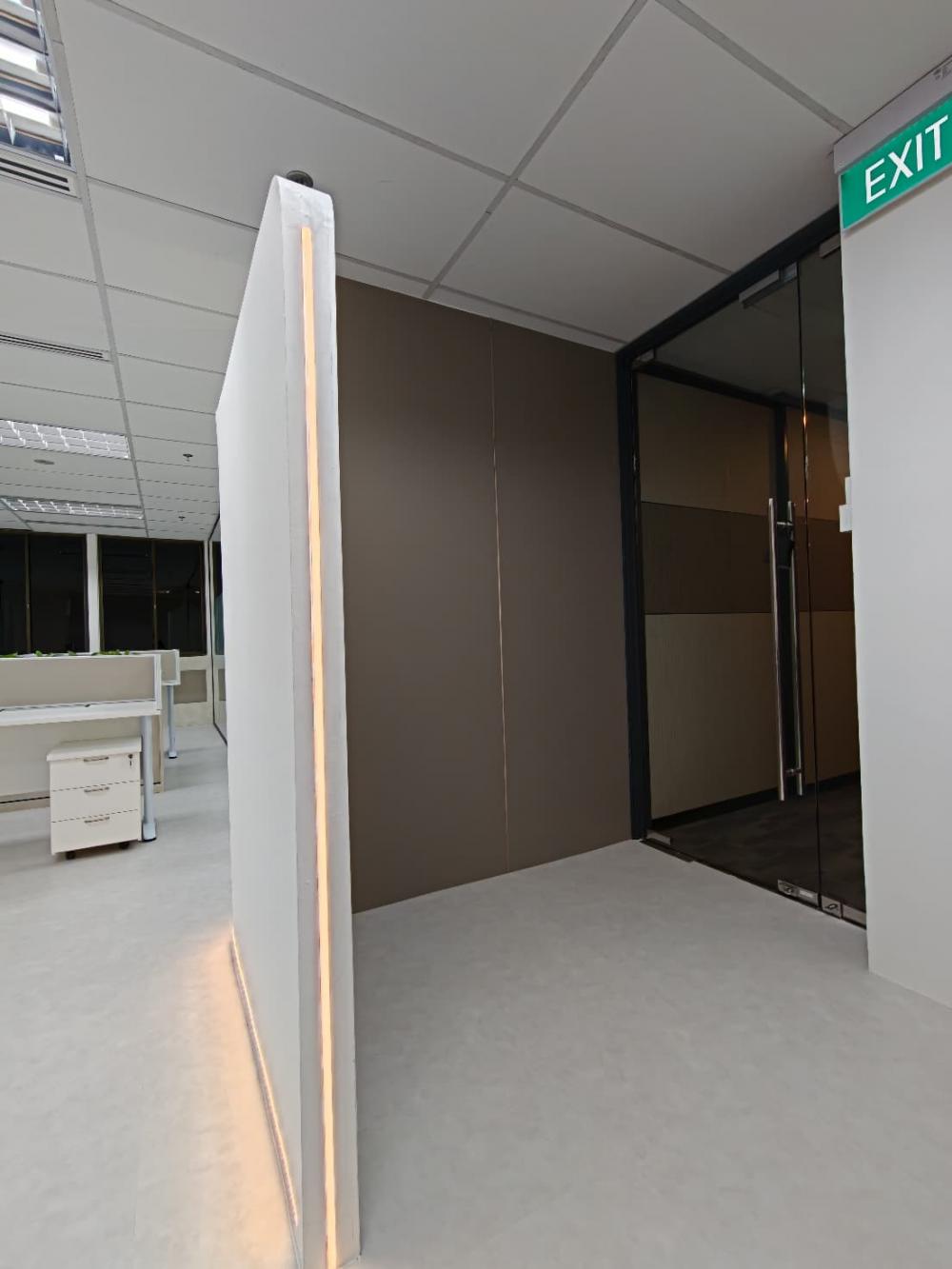 Contemporary Office with Vinyl Flooring and Glass Door