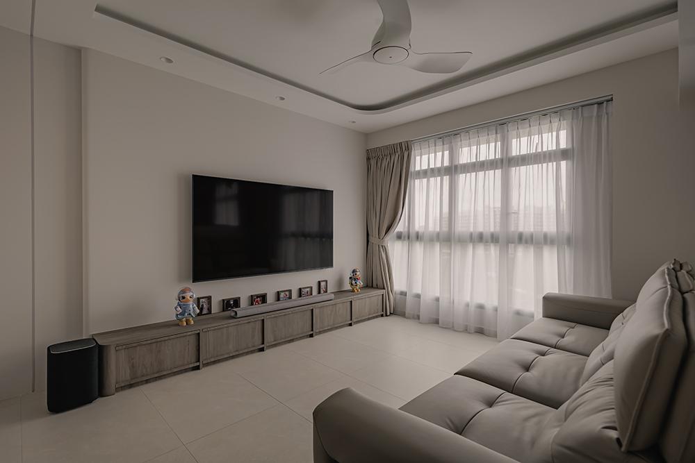 Modern Living Room with Homogeneous Tiles and TV Console