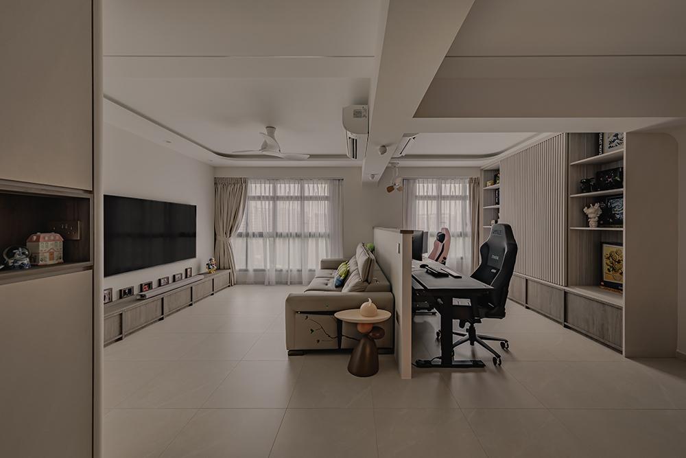 Modern Living Room with Homogeneous Tiles and TV Console