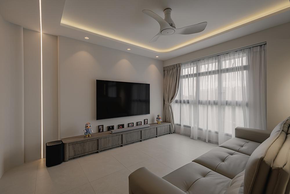 Modern Living Room with Homogeneous Tiles and TV Console
