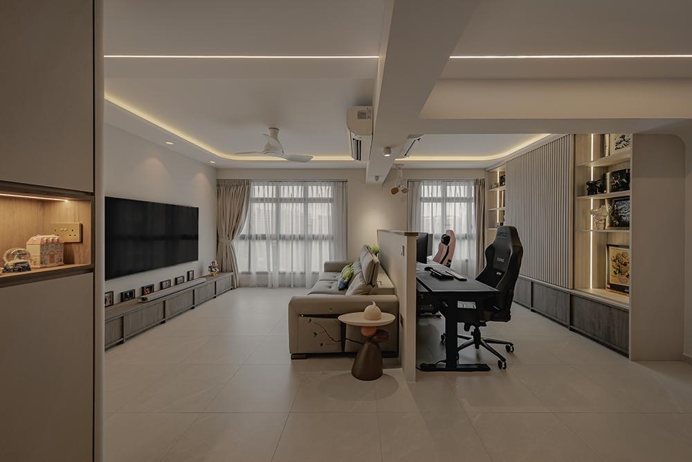 Modern Living Room with Homogeneous Tiles and TV Console