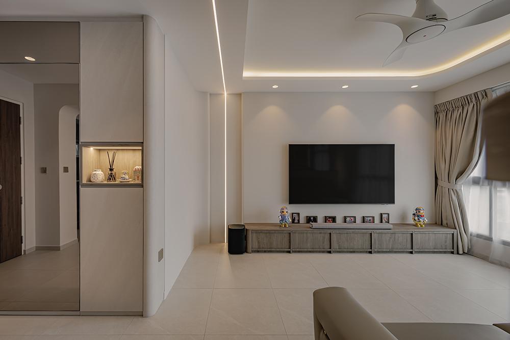 Modern Living Room with Homogeneous Tiles and TV Console