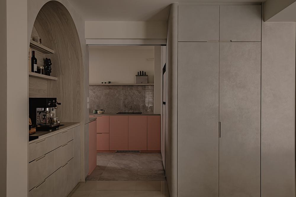 Modern Kitchen with Homogeneous Tiles and Storage Cabinets