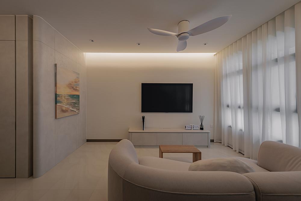 Modern Living Room with Homogeneous Tiles and TV Console