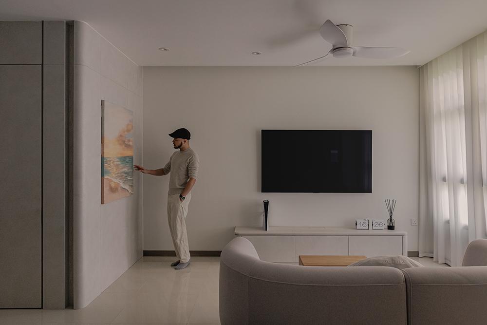 Modern Living Room with Homogeneous Tiles and TV Console