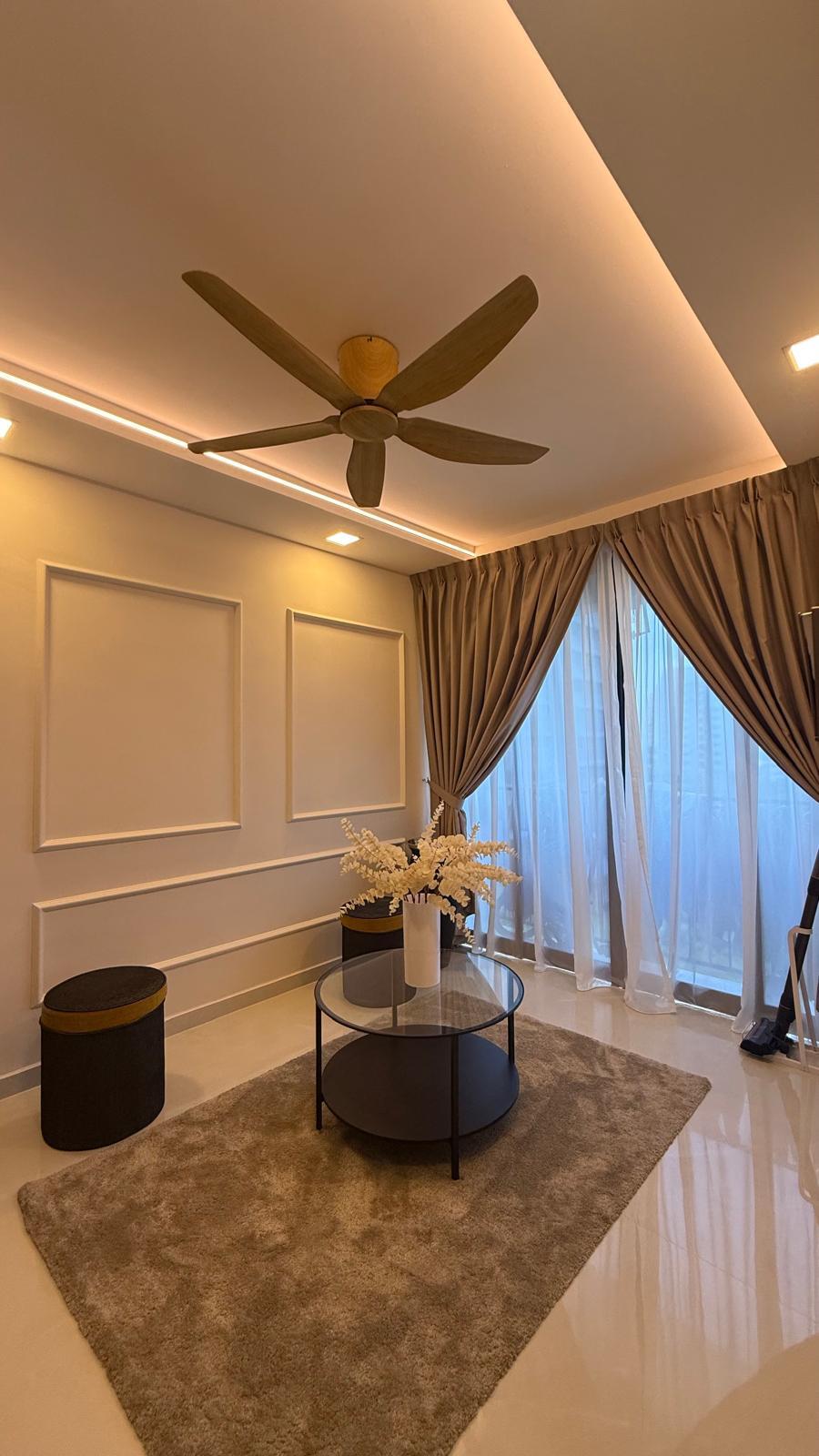 Transitional Foyer with Cove Lighting and Artwork