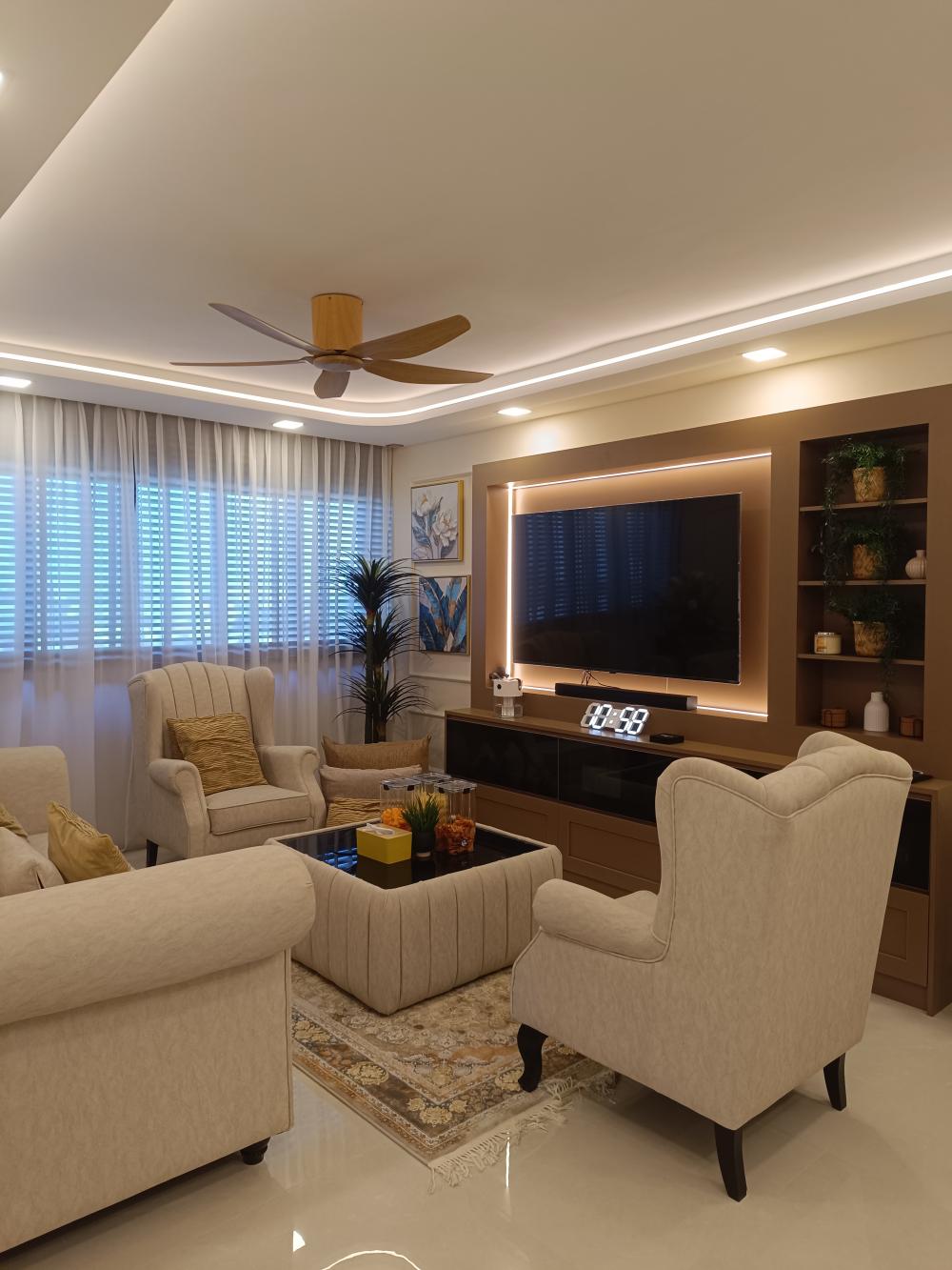 Transitional Living Room with Homogeneous Tiles and TV Console