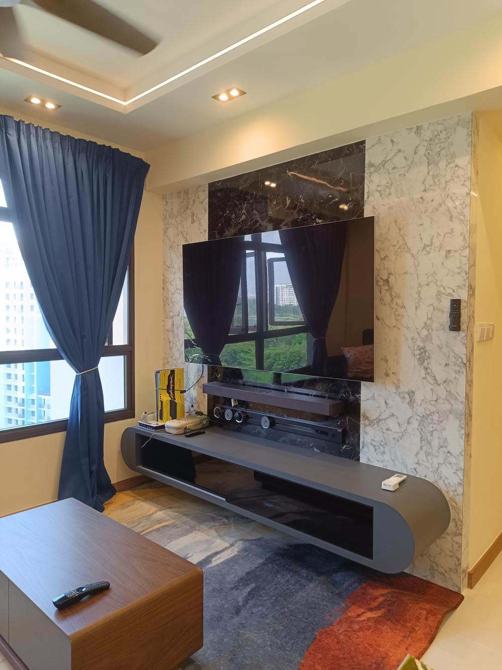 Modern Living Room with Homogeneous Tiles and TV Console