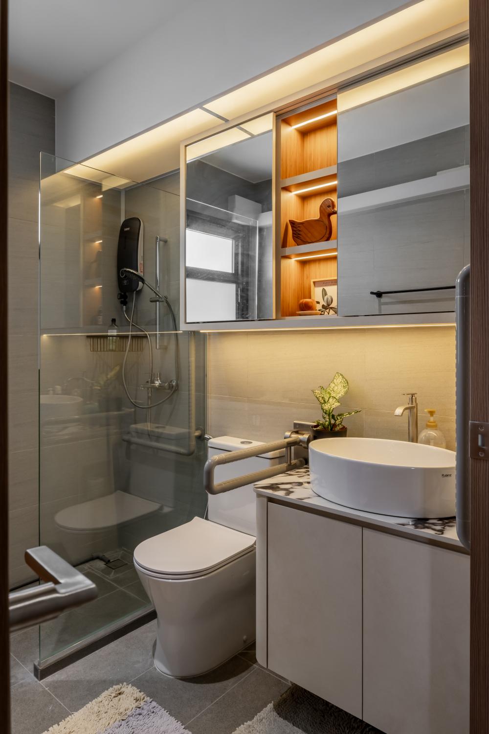 Contemporary Bathroom with Herringbone Tiling and Mirror