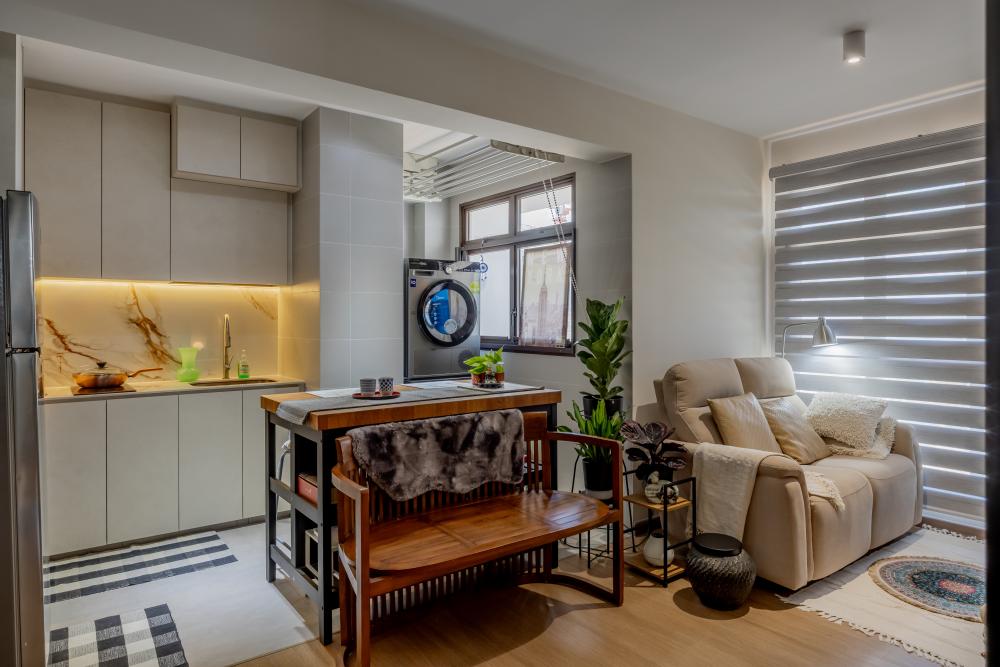 Contemporary Living Room with TV Console and Drop Ceiling