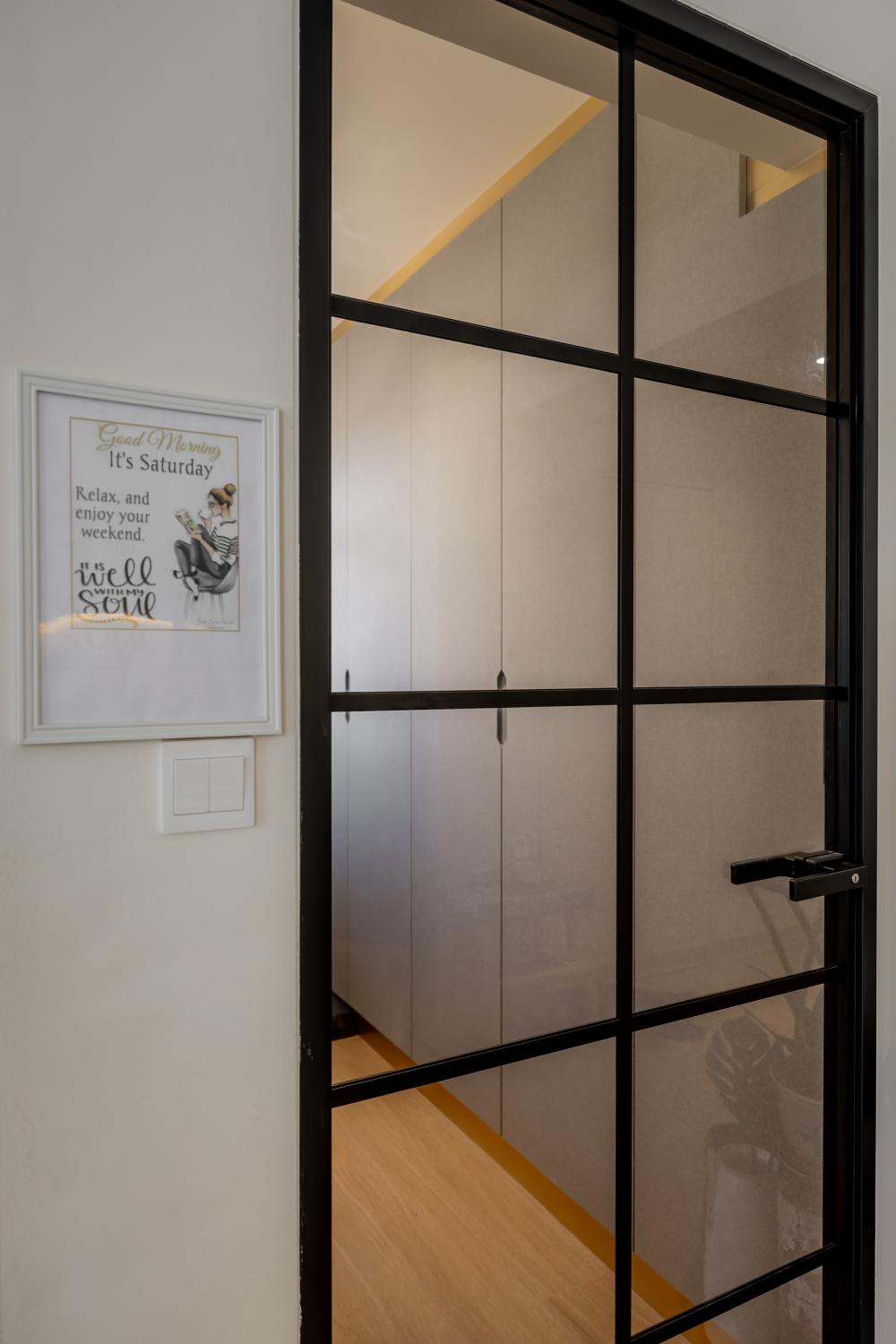 Contemporary Bedroom with Vinyl Flooring and Artwork