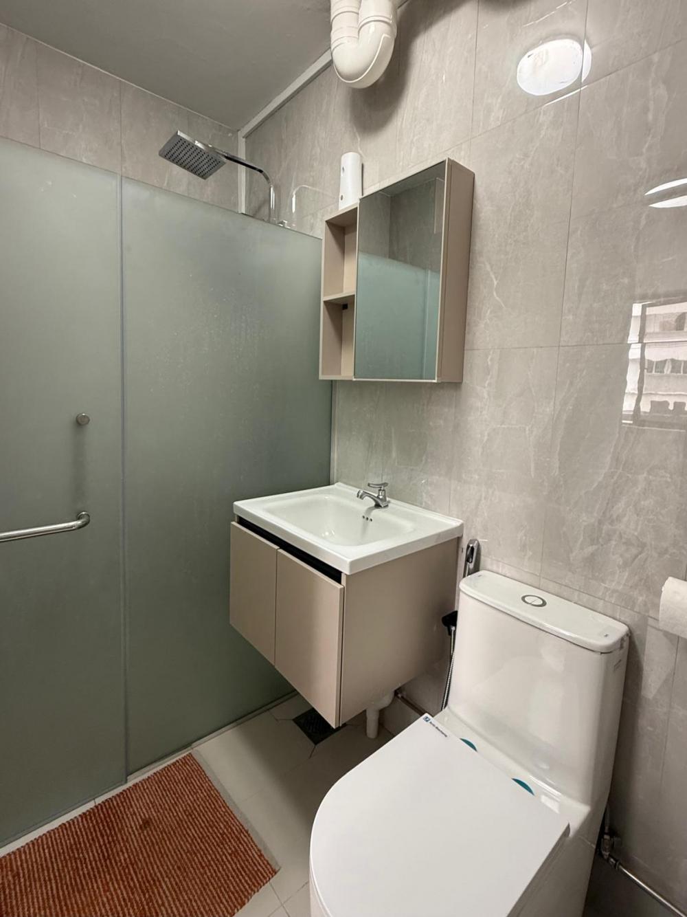 Modern Bathroom with Homogeneous Tiles and Mirror