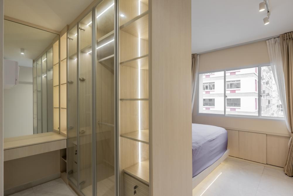 Contemporary Bedroom with Marble Floor and Drop Light