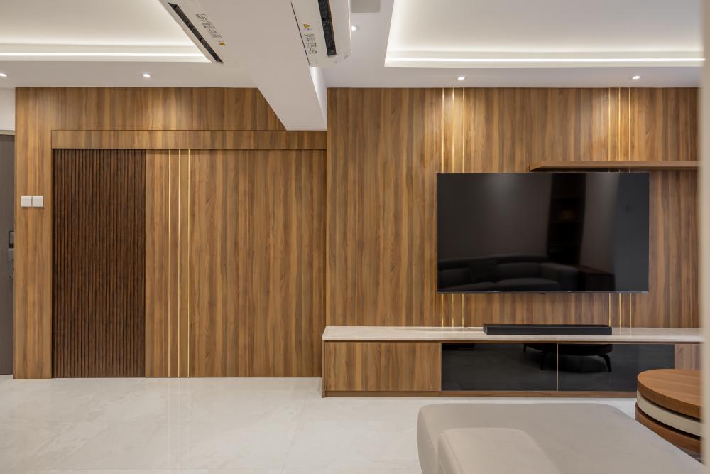 Contemporary Living Room with TV Console and Feature Wall