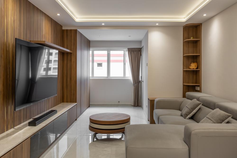 Contemporary Living Room with Marble Floor and TV Console