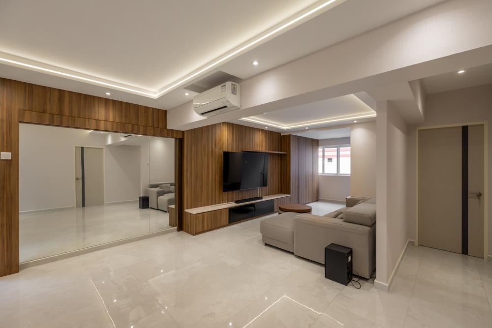 Contemporary Living Room with Marble Floor and Feature Wall