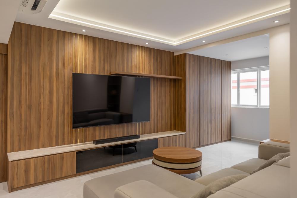 Contemporary Living Room with Marble Floor and TV Console