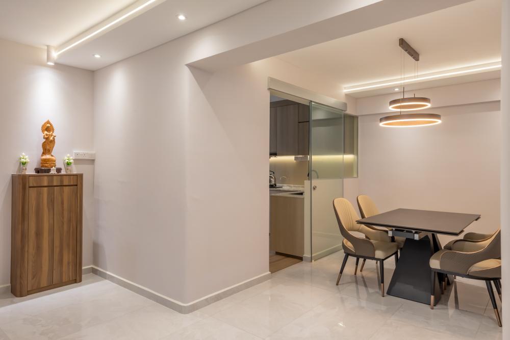 Contemporary Dining Room with Drop Light and Cove Lighting