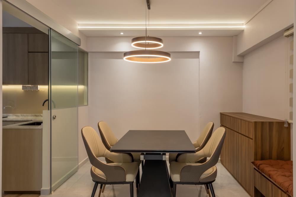 Contemporary Dining Room with Ceiling Light and Downlights