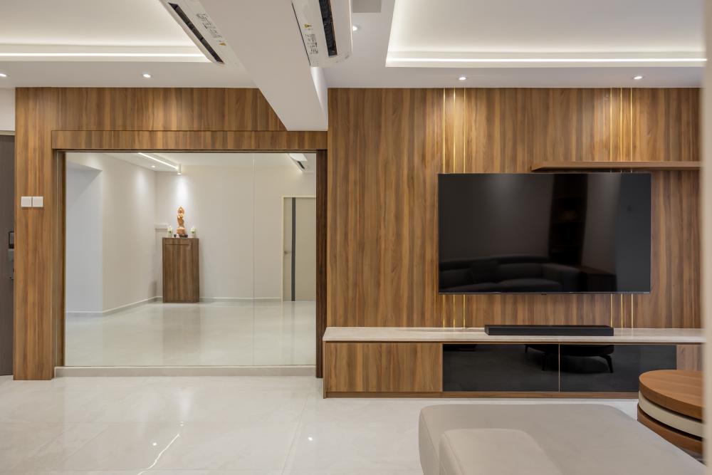 Contemporary Living Room with Marble Floor and Feature Wall