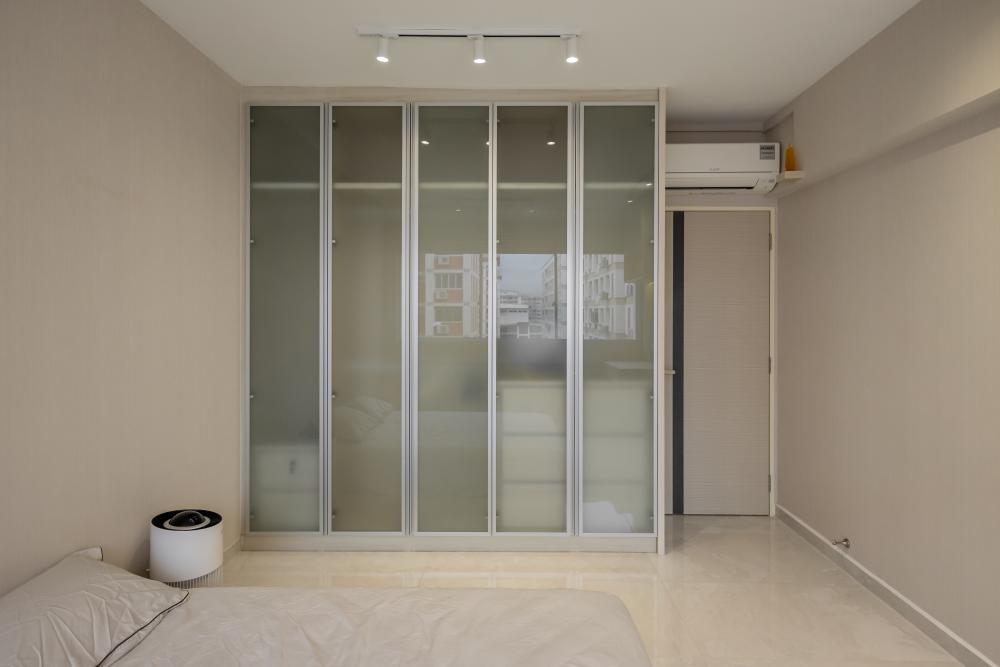 Contemporary Bedroom with Bookshelf and Marble Floor