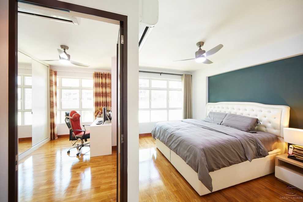 Contemporary Bedroom with Wood Flooring and Drop Ceiling