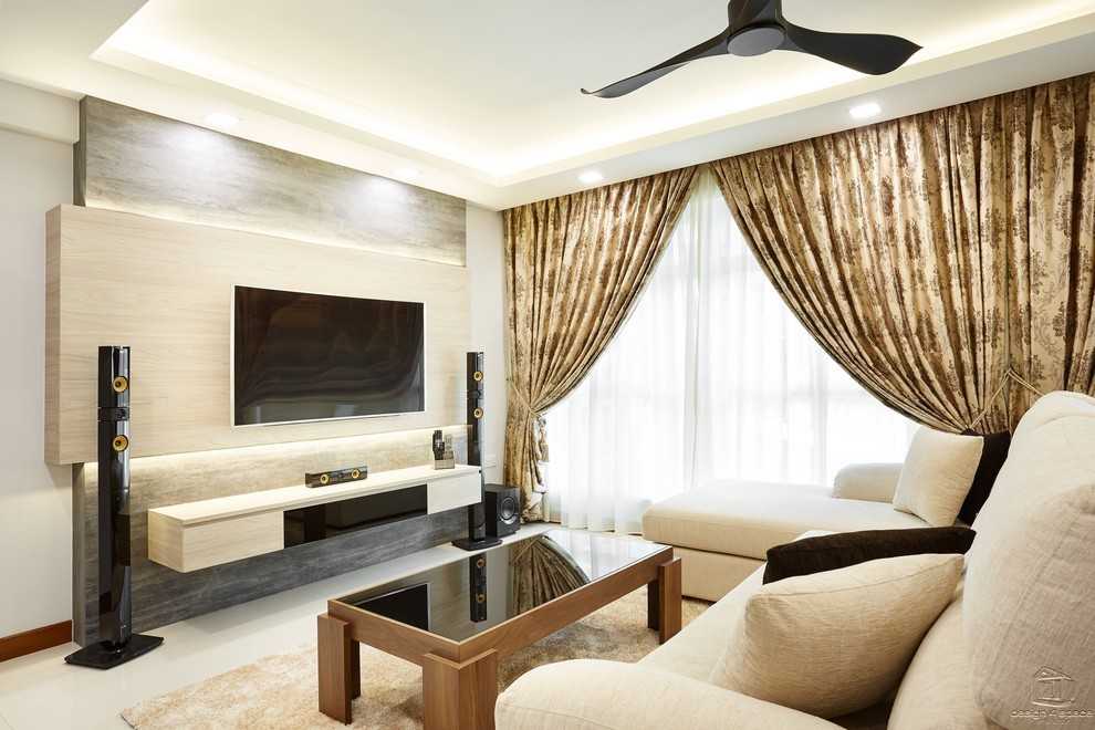 Contemporary Living Room with Homogeneous Tiles and Cement Floor