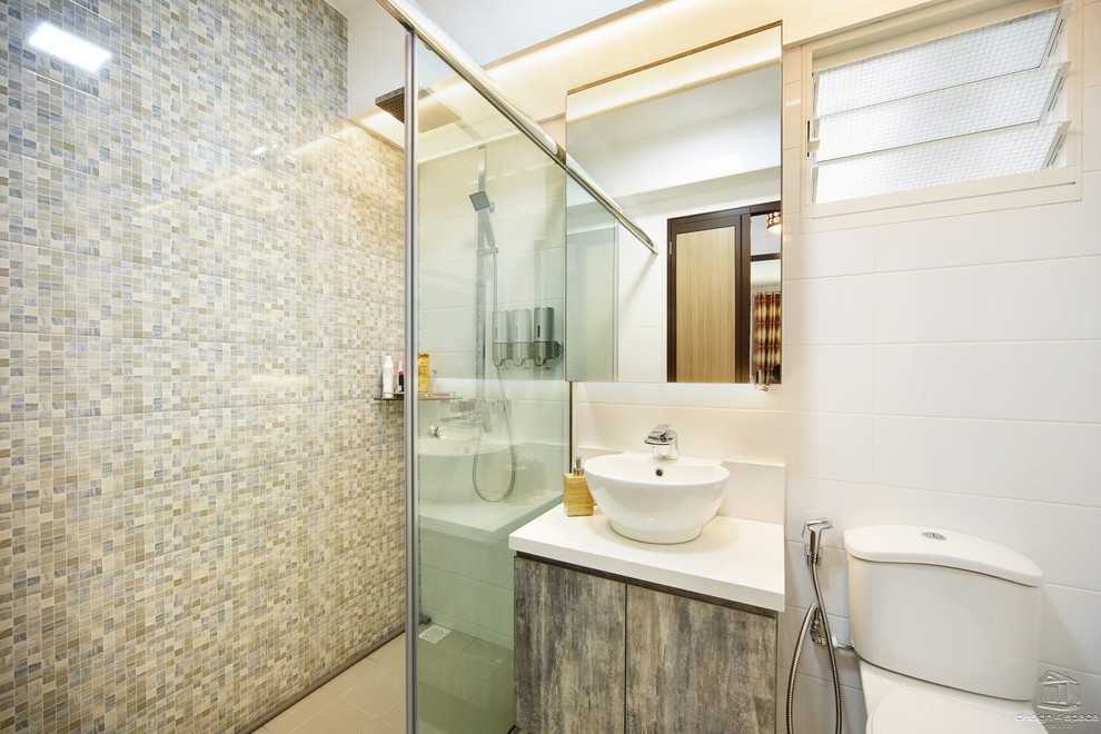 Contemporary Bathroom with Wood Flooring and Mirror