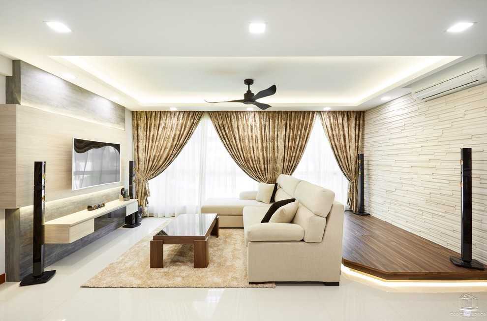 Contemporary Living Room with Wood Flooring and Drop Light