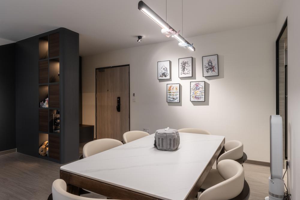 Contemporary Dining Room with Drop Light and Dining Table