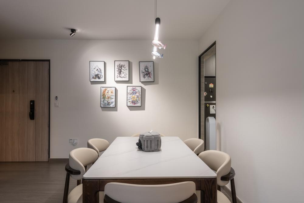 Contemporary Dining Room with Drop Light and Dining Table