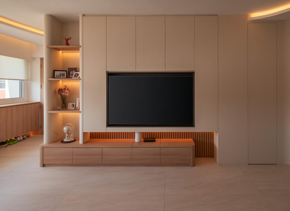 Scandinavian Living Room with TV Console and Feature Wall