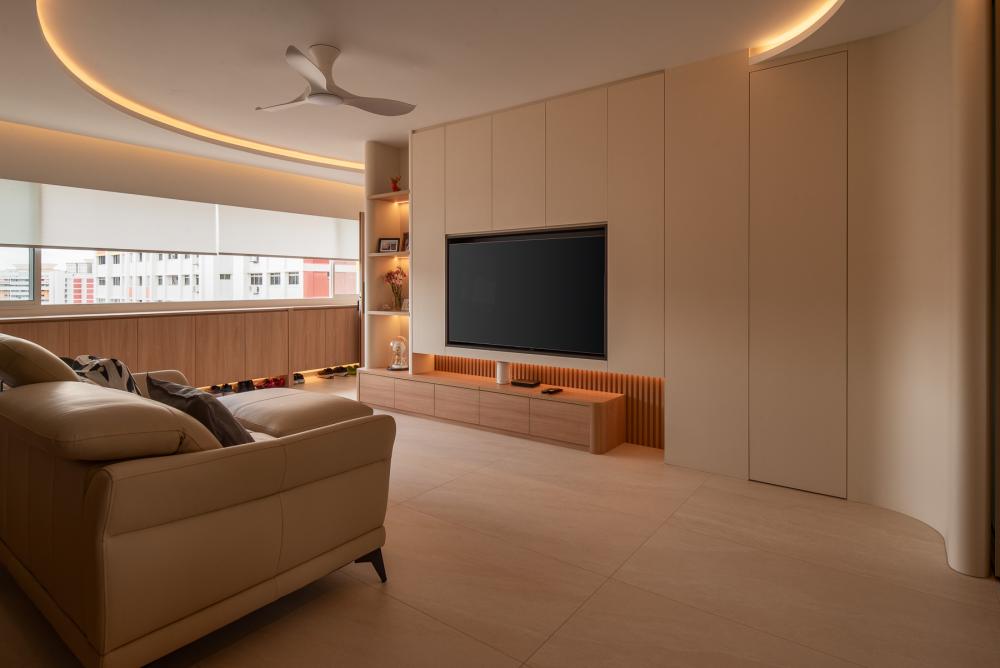 Scandinavian Living Room with TV Console and Feature Wall
