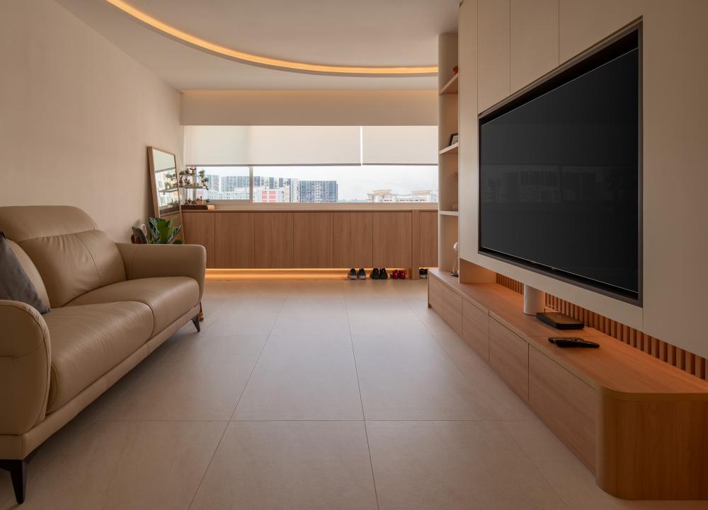 Scandinavian Living Room with Homogeneous Tiles and Bay Window