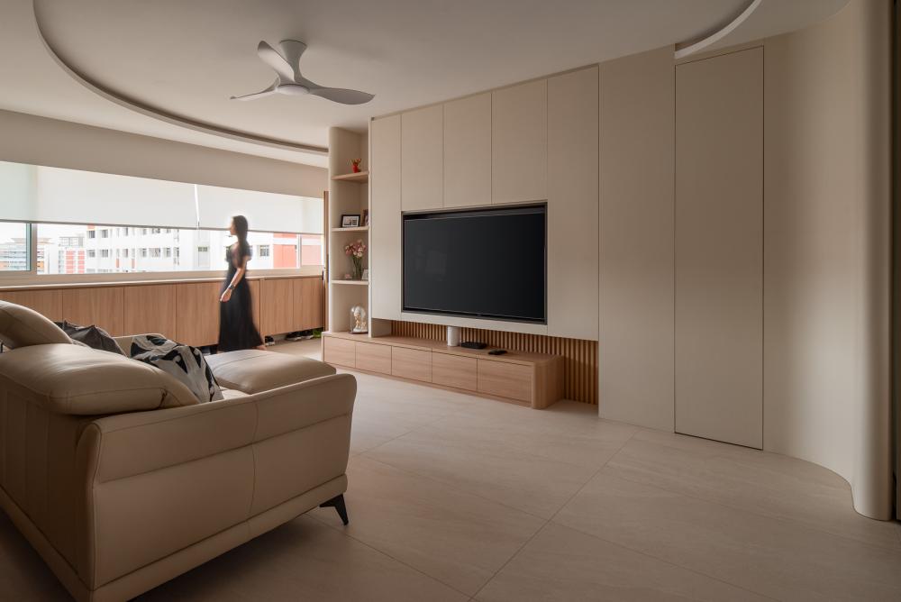 Scandinavian Living Room with Homogeneous Tiles and Feature Wall