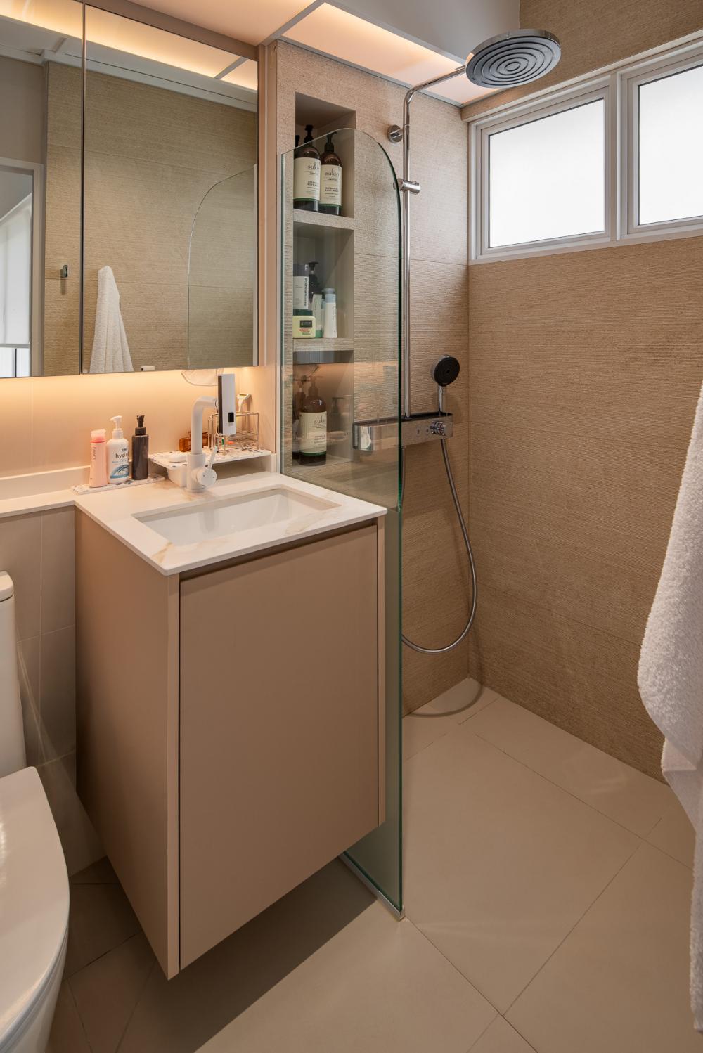 Scandinavian Bathroom with Countertop and Homogeneous Tiles