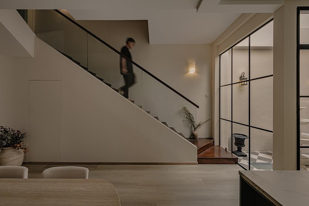 Minimalist Hallway with Vinyl Flooring and Staircase