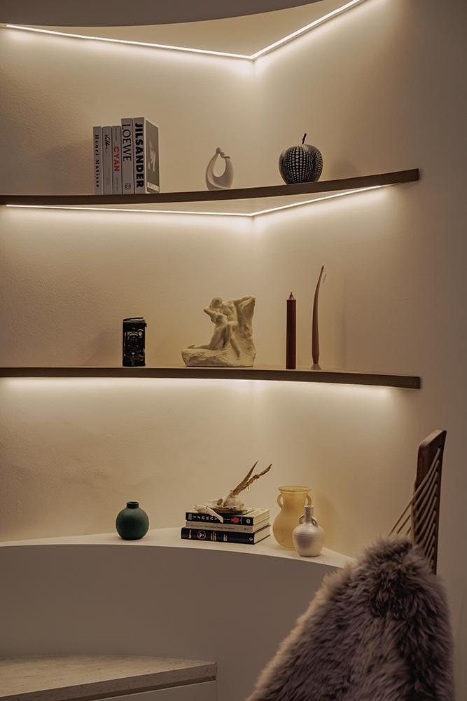 Minimalist Living Room with Bookshelf and Paintings