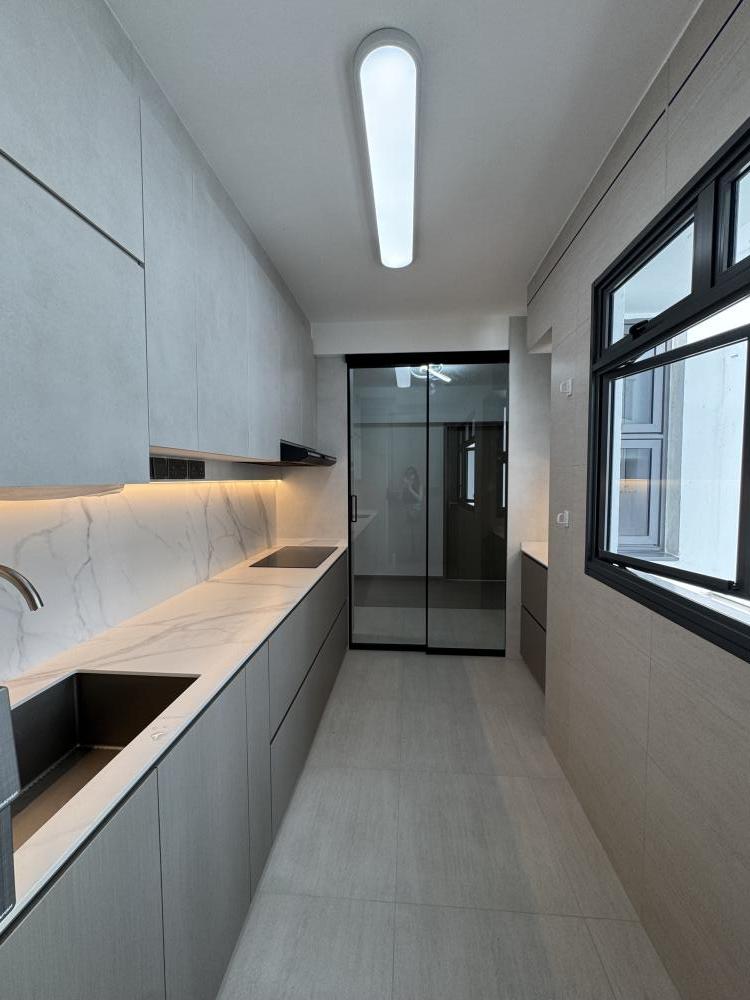 Modern Kitchen with Countertop and Glass Door